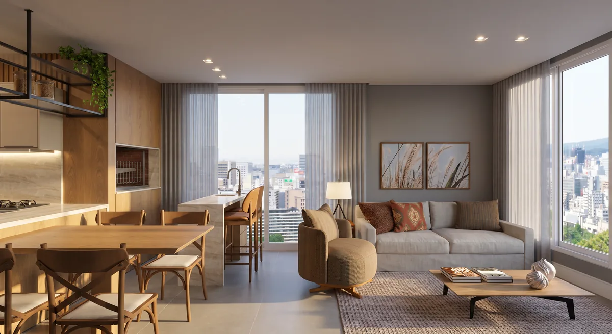 Photograph of an open-plan kitchen, dining and living room, rendered by StudioIA