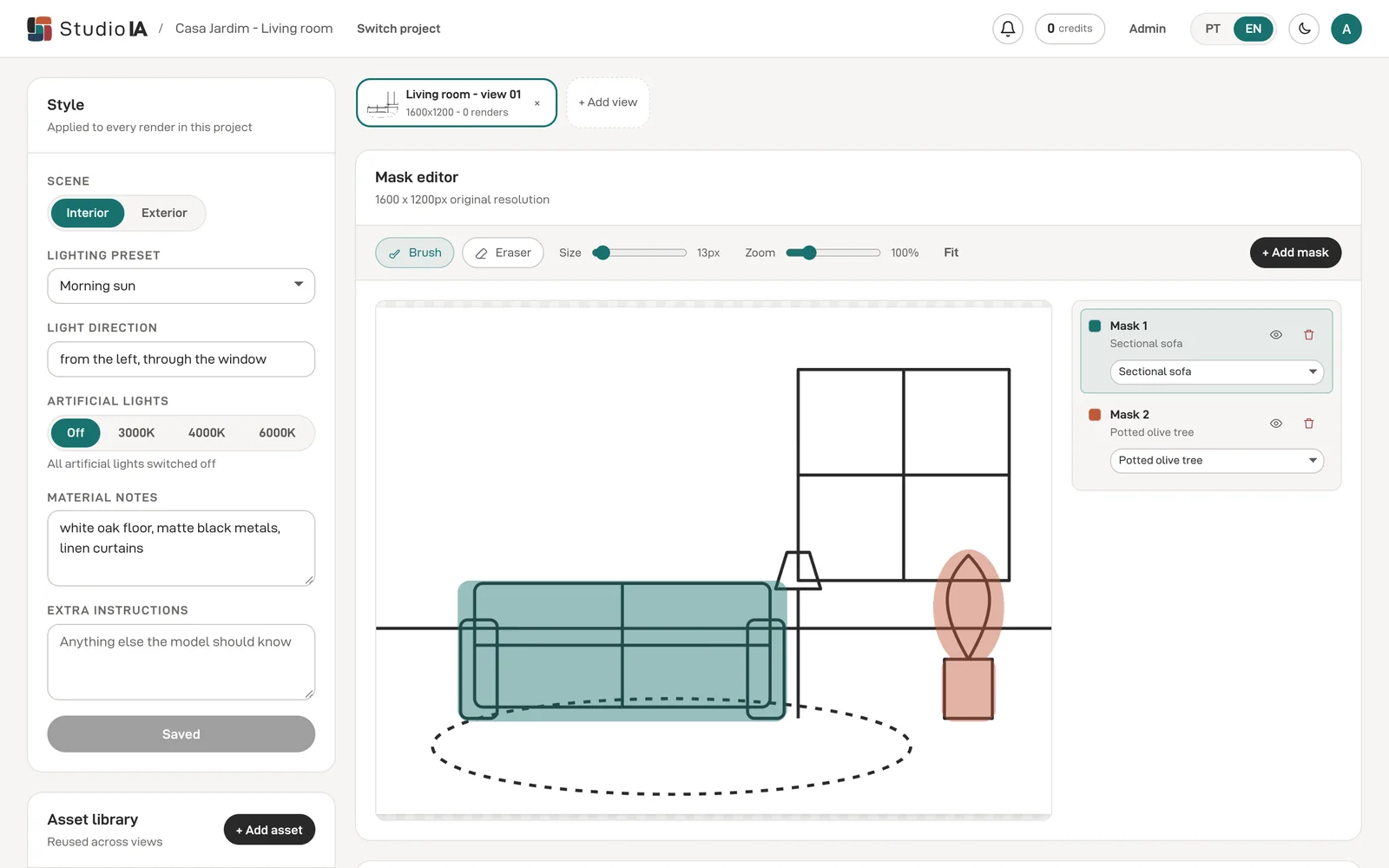 The StudioIA workspace: a model view with two masked regions, each assigned a product from the library.