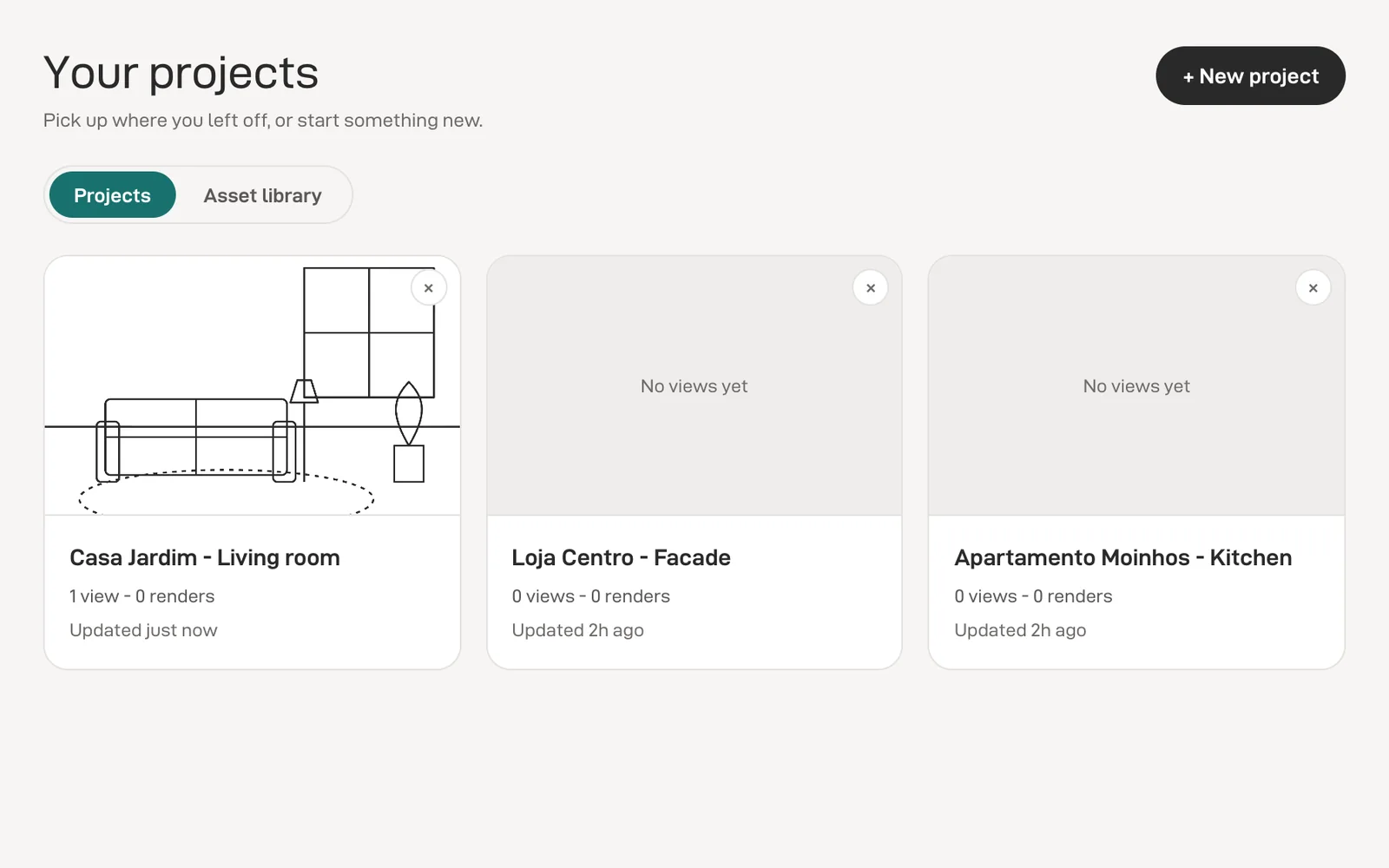 The StudioIA project list, with a project card showing its model view.