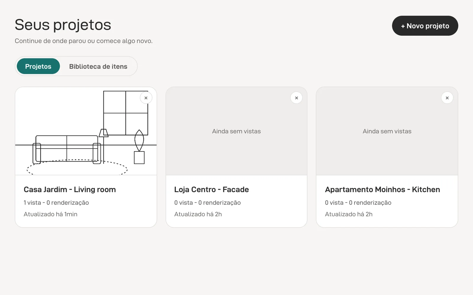A lista de projetos do StudioIA, com um projeto mostrando a vista do modelo.